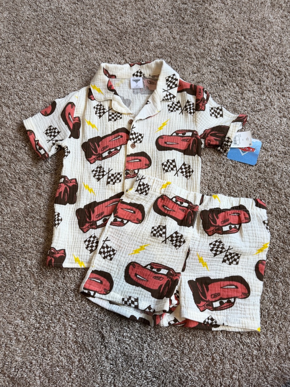 Disney Pixar Boy’s Cars Lightning McQueen Shirt Short Set 5T NEW Cotton Gauze